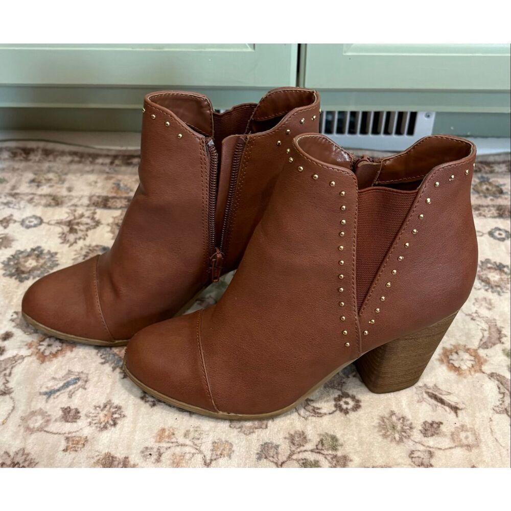 LC Lauren Conrad Womens Ankle Booties Leather Boots Stacked Heels Cognac Size 8
